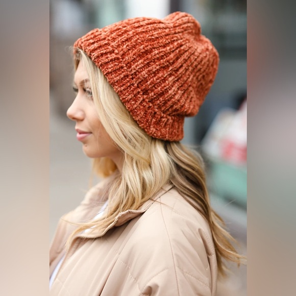 Rust Knit Velvet Chenille Fold Over Beanie - Picture 2 of 10